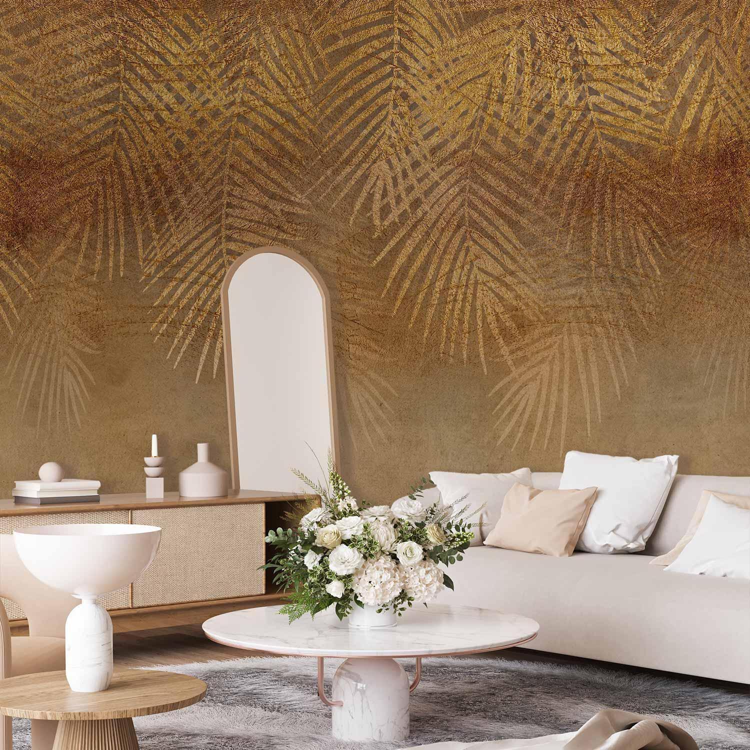 Papier peint - Abstract nature in beige - composition with golden exotic leaves