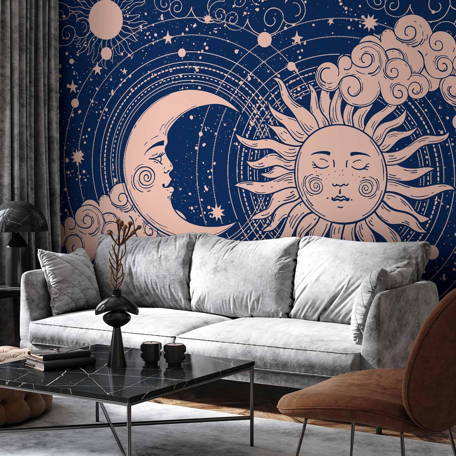 Papier peint - Cosmic Harmony - Illustration of the Sun and Moon on a Navy Background