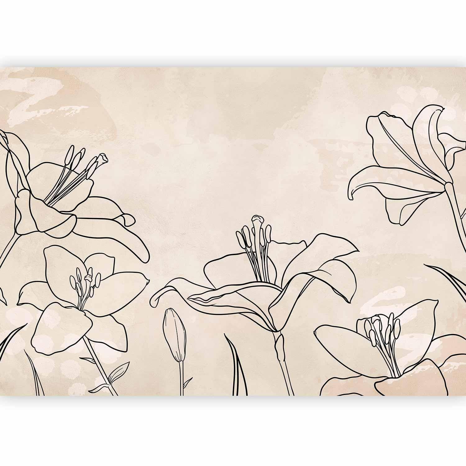 Papier peint - Sketch of nature - minimalist lineart with lily flowers on a beige background