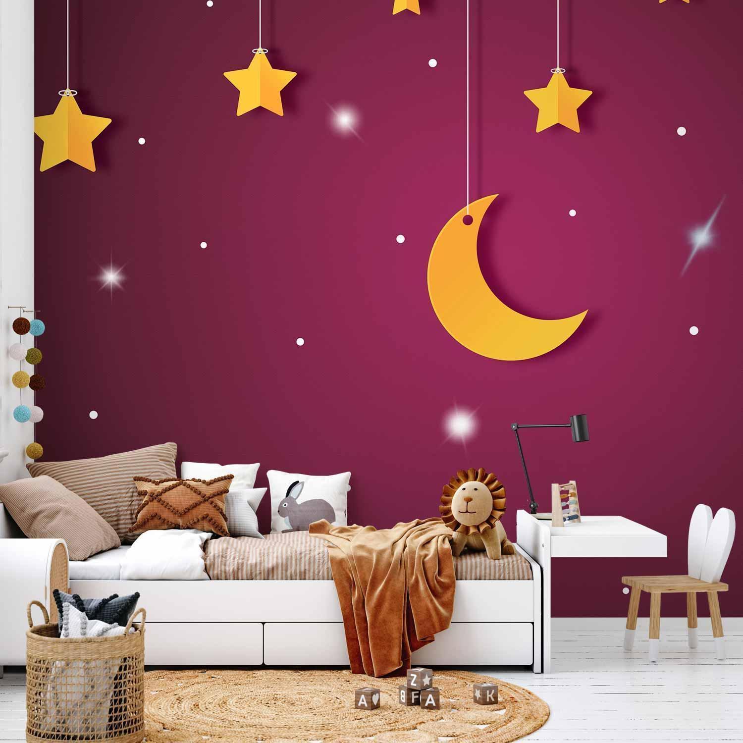 Papier peint - Skyline - violet night sky landscape with stars for children