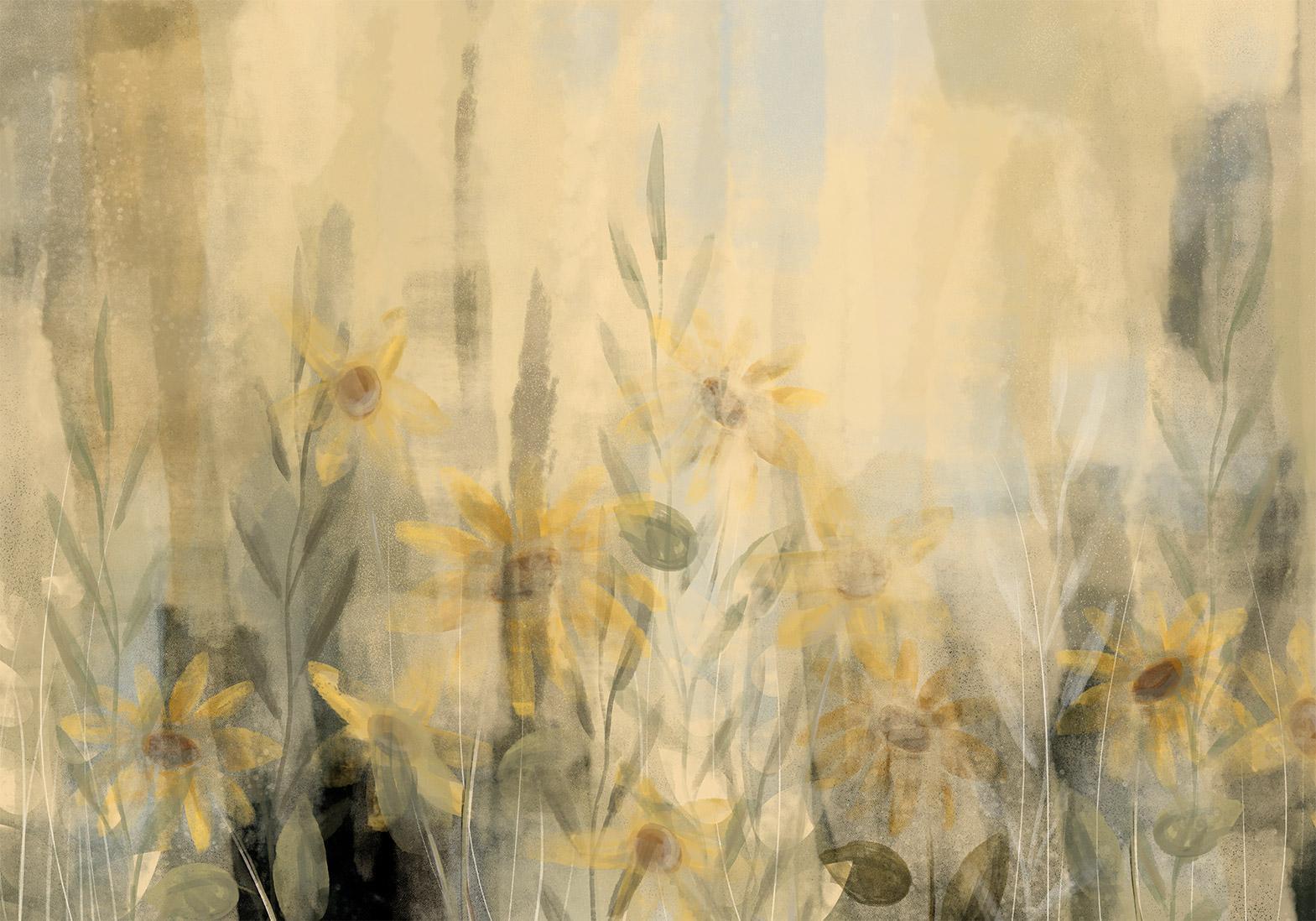 Papier peint - A touch of summer - floral motif with a meadow full of yellow flowers and grasses