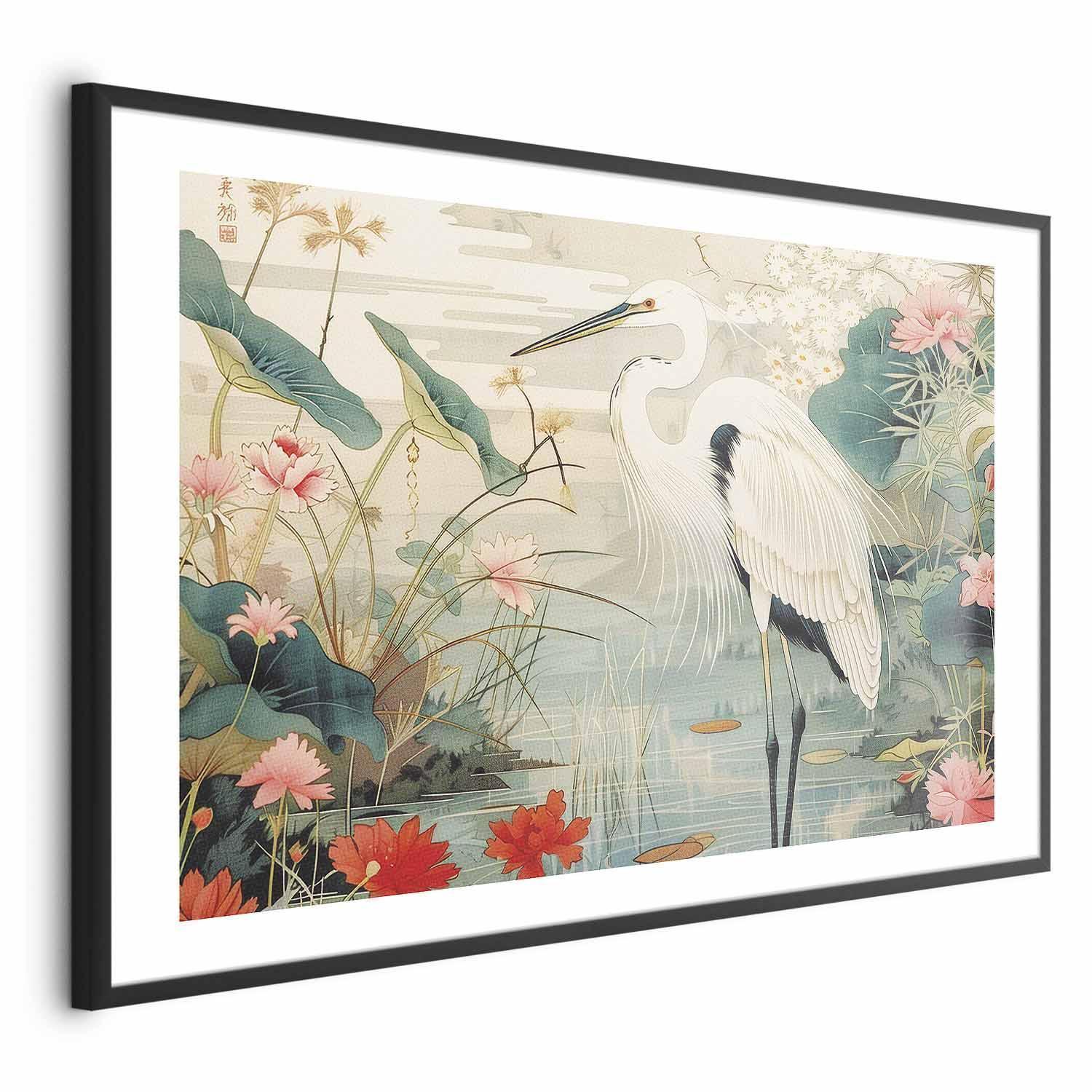 Poster - Over the Asian Pond - illustration in the Japanese print style featuring a heron