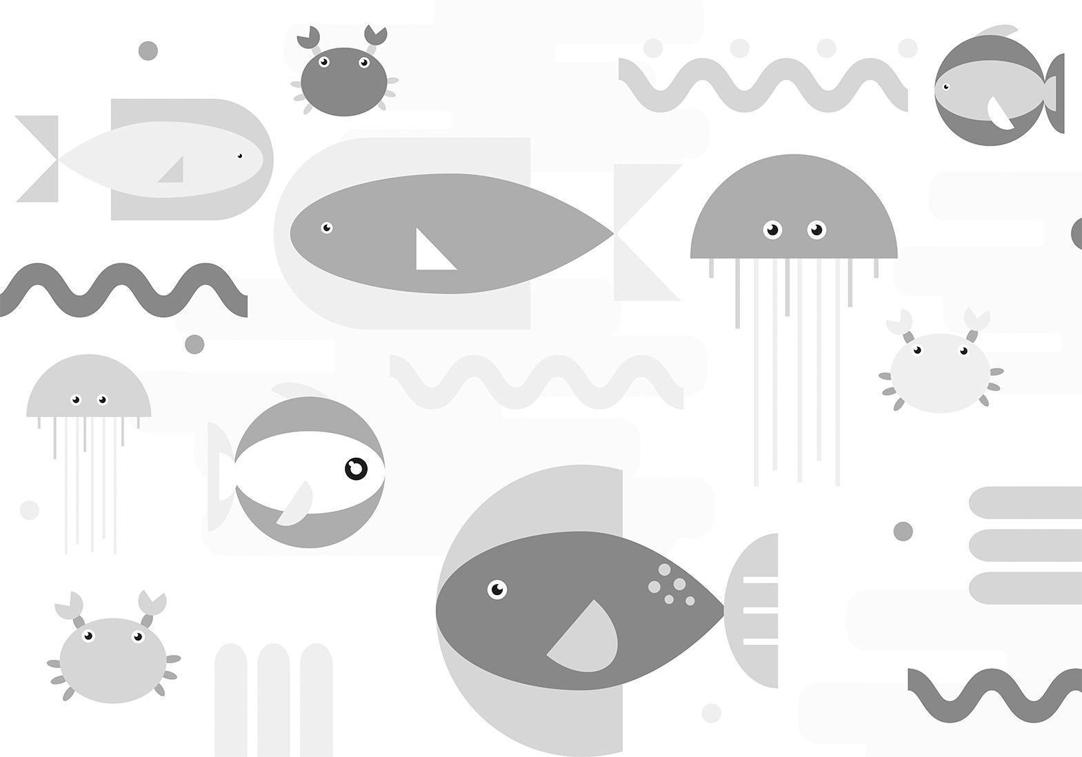 Papier peint - Minimalist grey ocean - geometric fish in water for children