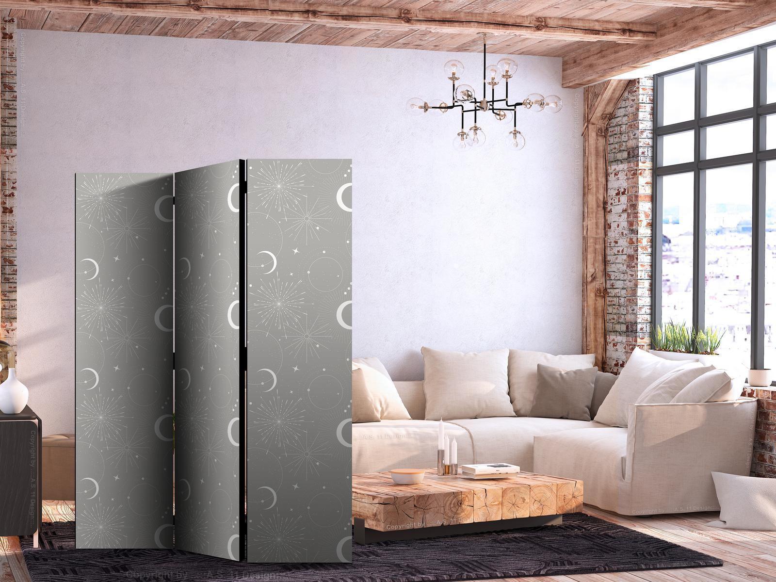 Paravent - Cosmic Fireworks - Elegant Pattern with Moons and Stars on a Gray Background