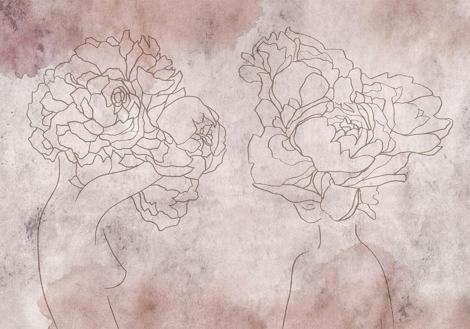 Papier peint - Floristic abstraction - lineart style silhouettes of people with flowers