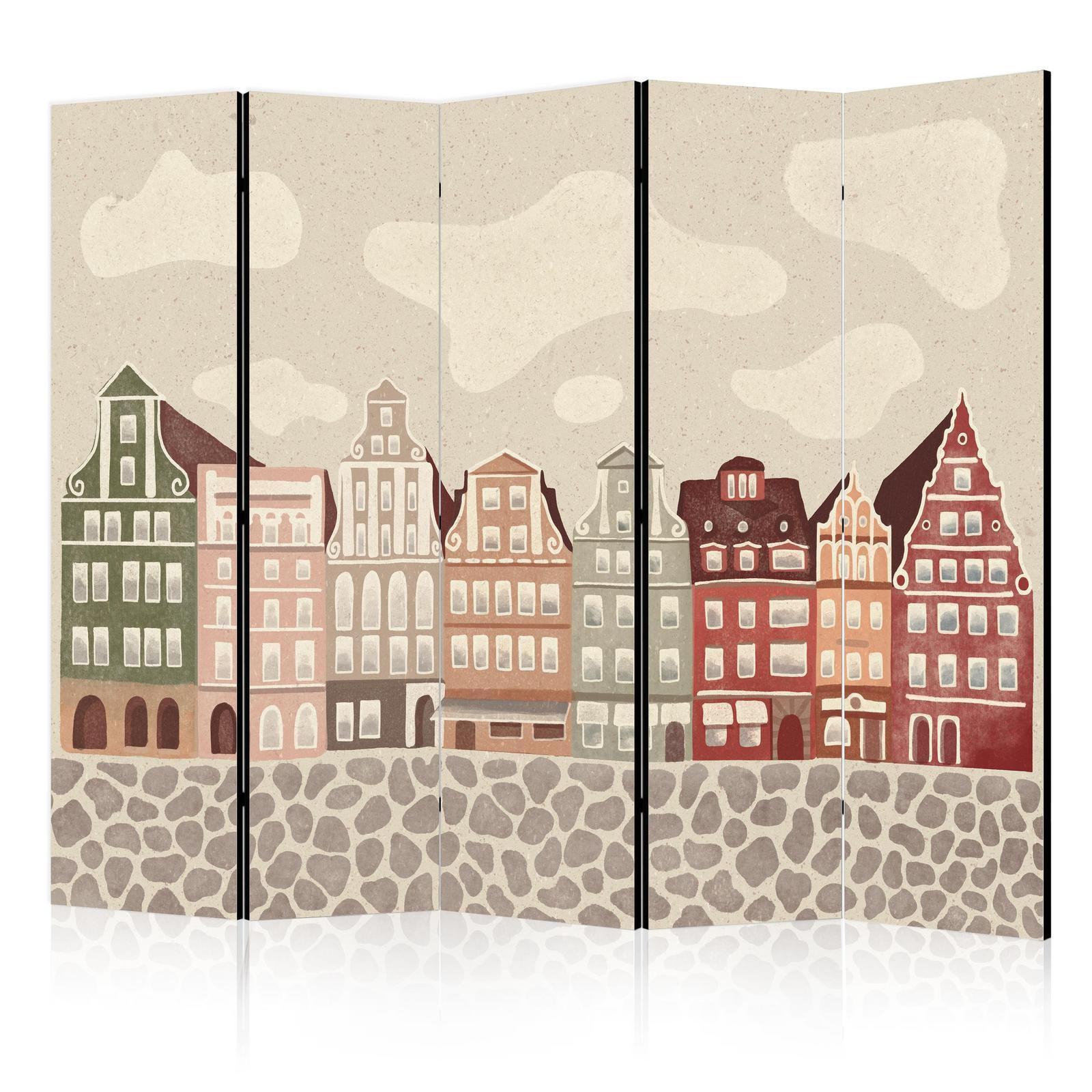 Paravent - Salt Square - Colorful Illustrated Townhouses Against a Sky with Clouds Background