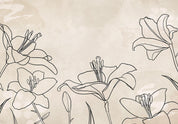 Papier peint - Sketch of nature - minimalist lineart with lily flowers on a beige background