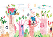 Papier peint - Painted tree houses - a colourful fantasy with kites for children