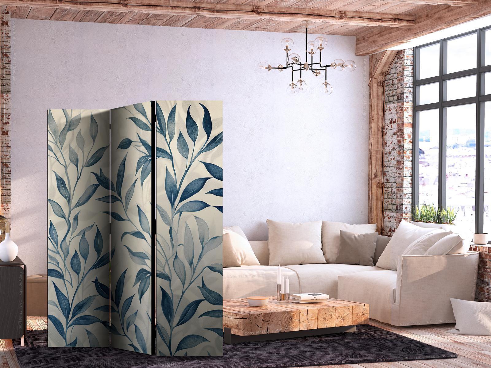 Paravent - Leaves in Blue Colors - Delicate Botanical Motif