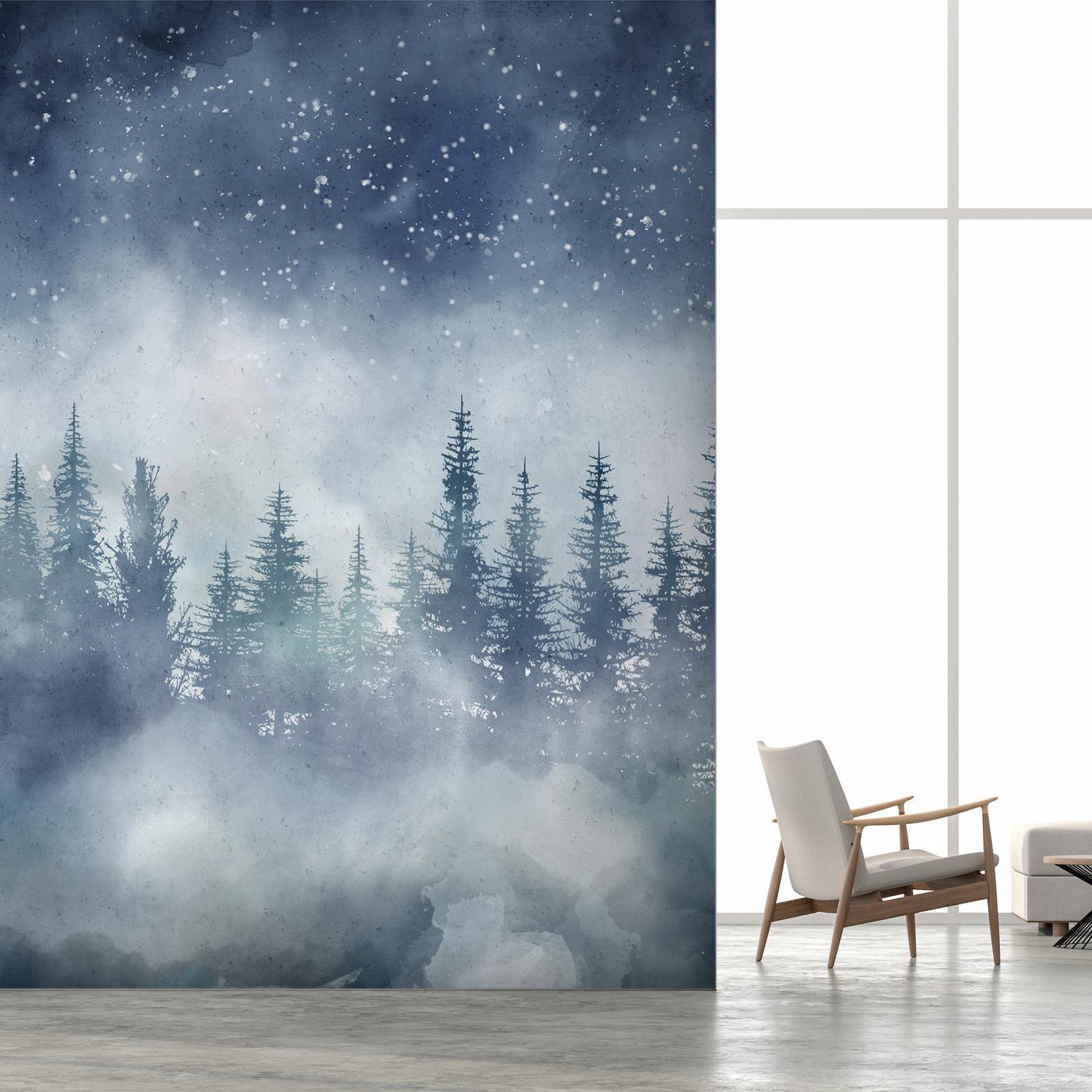 Papier peint - Night landscape - landscape of a misty forest at night with a starry sky