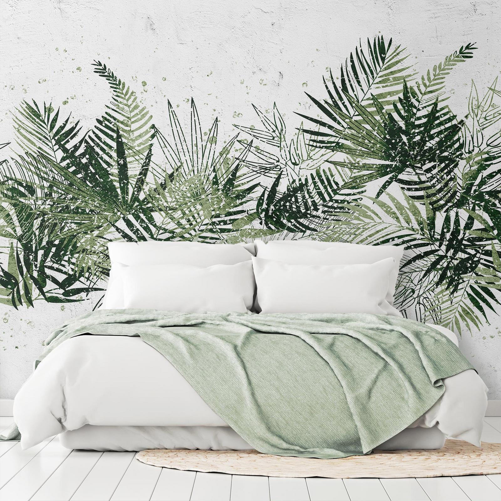 Papier peint - Jungle and green plume - large tropical leaves on a white background