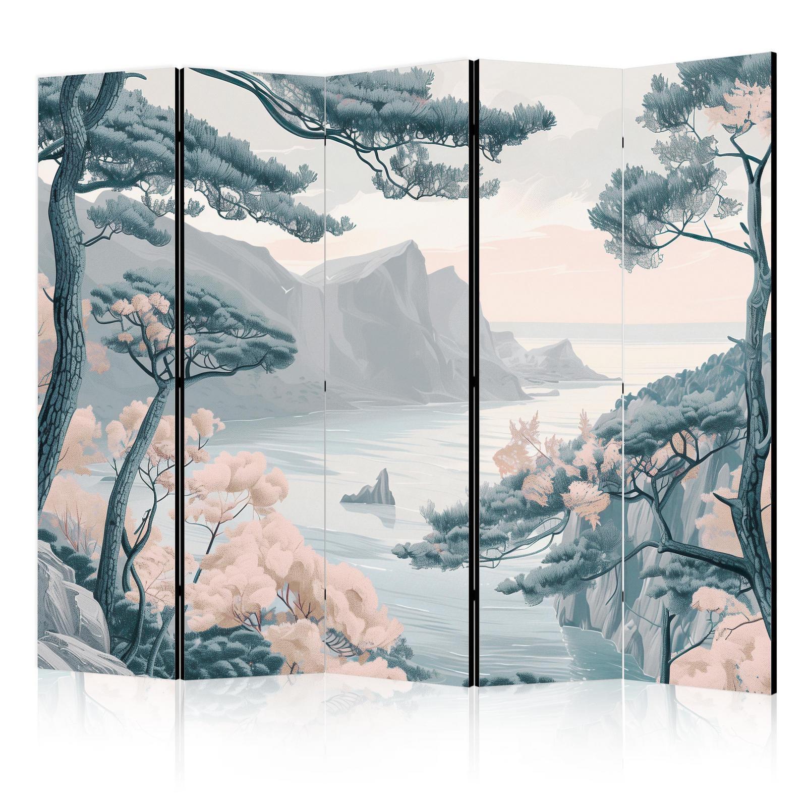 Paravent - Mountainous Coast with Trees and Rocks - in Light Pastel Blues