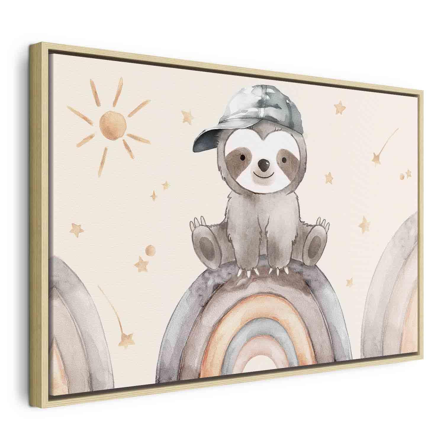 Tableau - Happy Sloth - Sloth in Subdued Colors Wearing a Cap Sitting on a Rainbow Among Little Stars