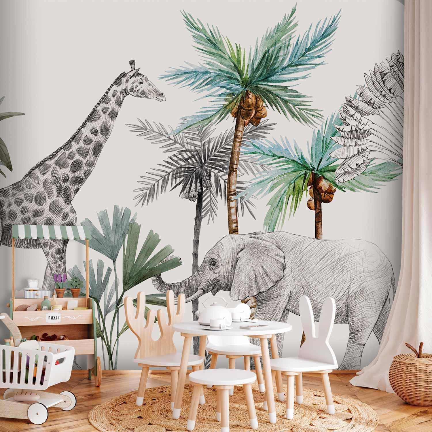 Papier peint - Jungle Animals Wallpaper for Children's Room in Cartoon Style