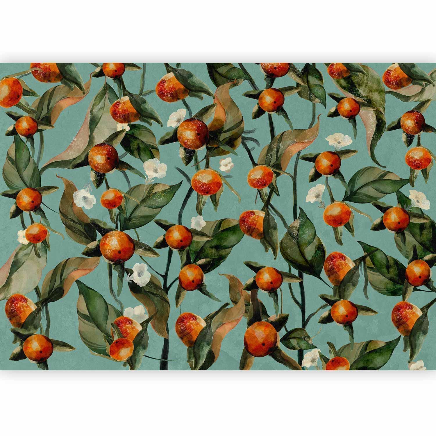 Papier peint - Orange grove - plant motif with fruit and leaves on a blue background