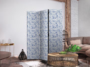 Paravent - Illustration in Vintage Style - Blue Flowers on a White Background