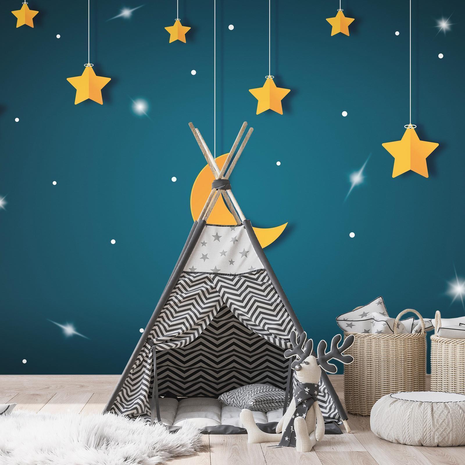 Papier peint - Skyline - turquoise night sky landscape with stars for children