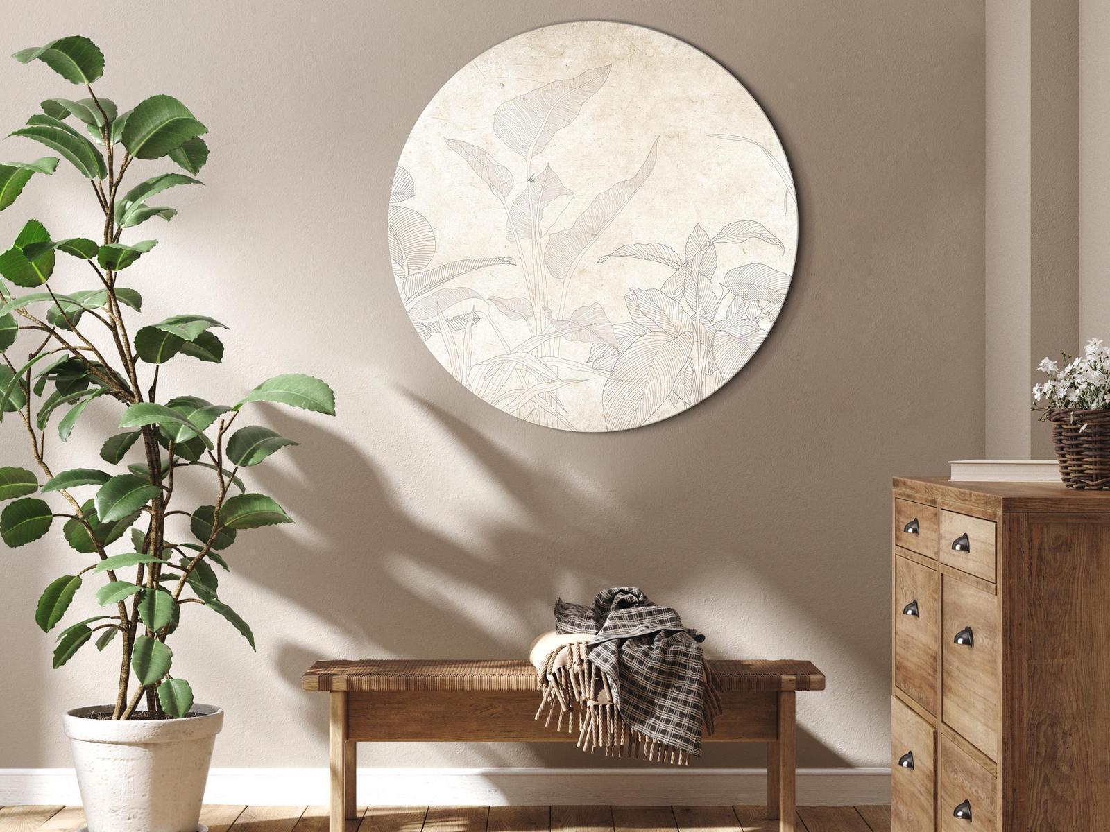 Tableau rond - Muted exotic greenery - Delicate outlines of tropical shrubs on beige and sand background/Subtle exotic plants