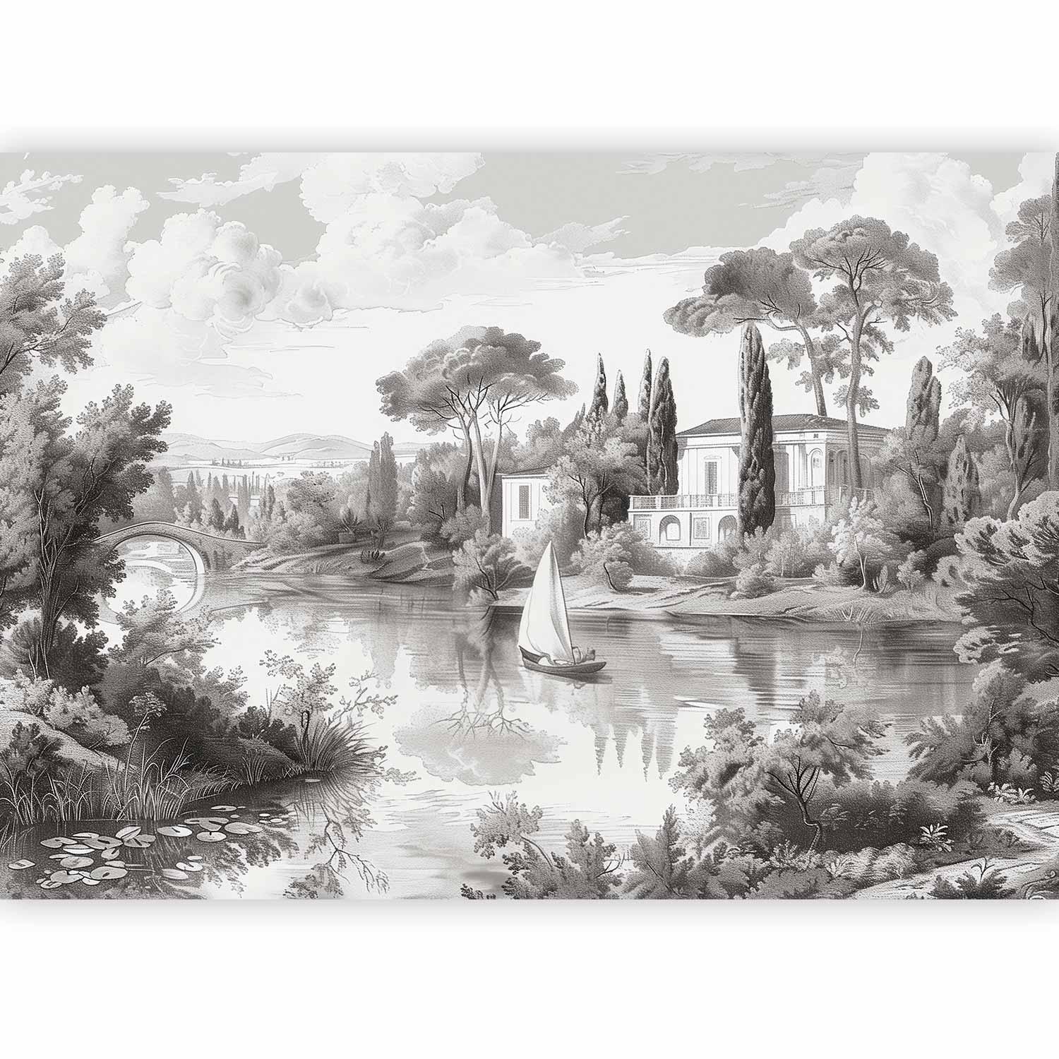 Papier peint - Black and White Vintage Landscape Retro View of a Pond with a Boat