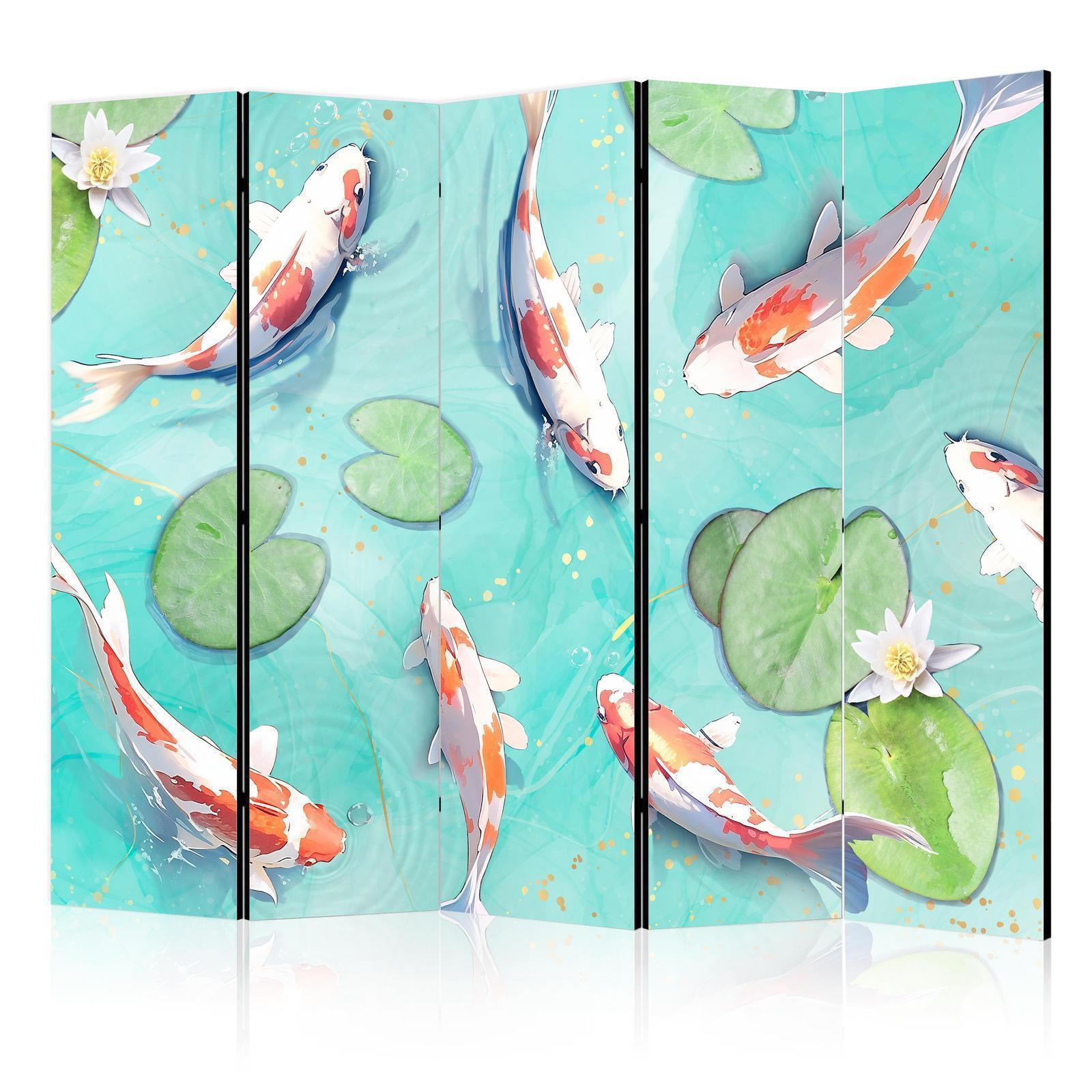 Paravent - Spectacular Koi Fish - White-Orange Koi Fish Swimming in Crystal Clear Water With Water Lilies