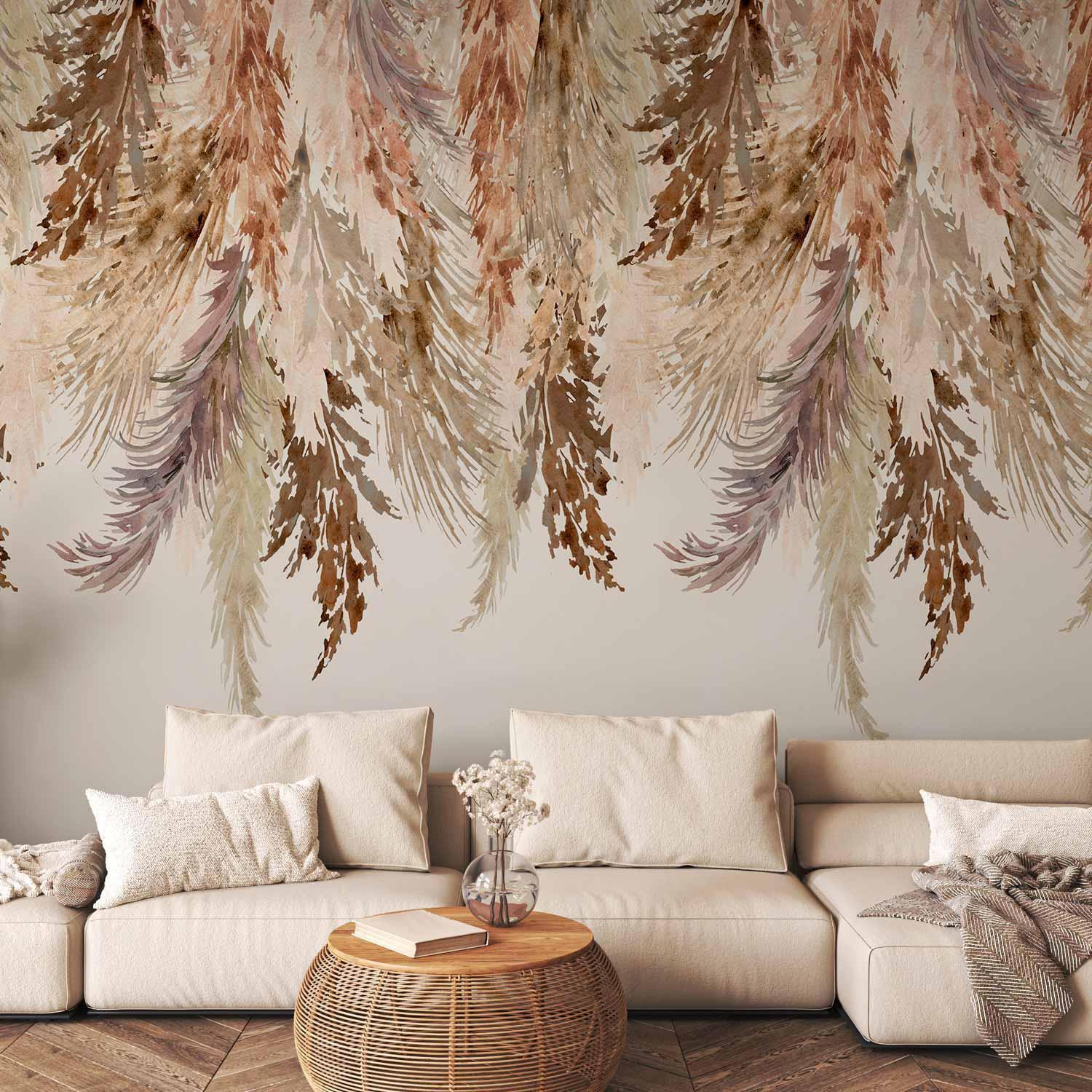 Papier peint - Minimalist boho landscape - dangling leaves in beige colours