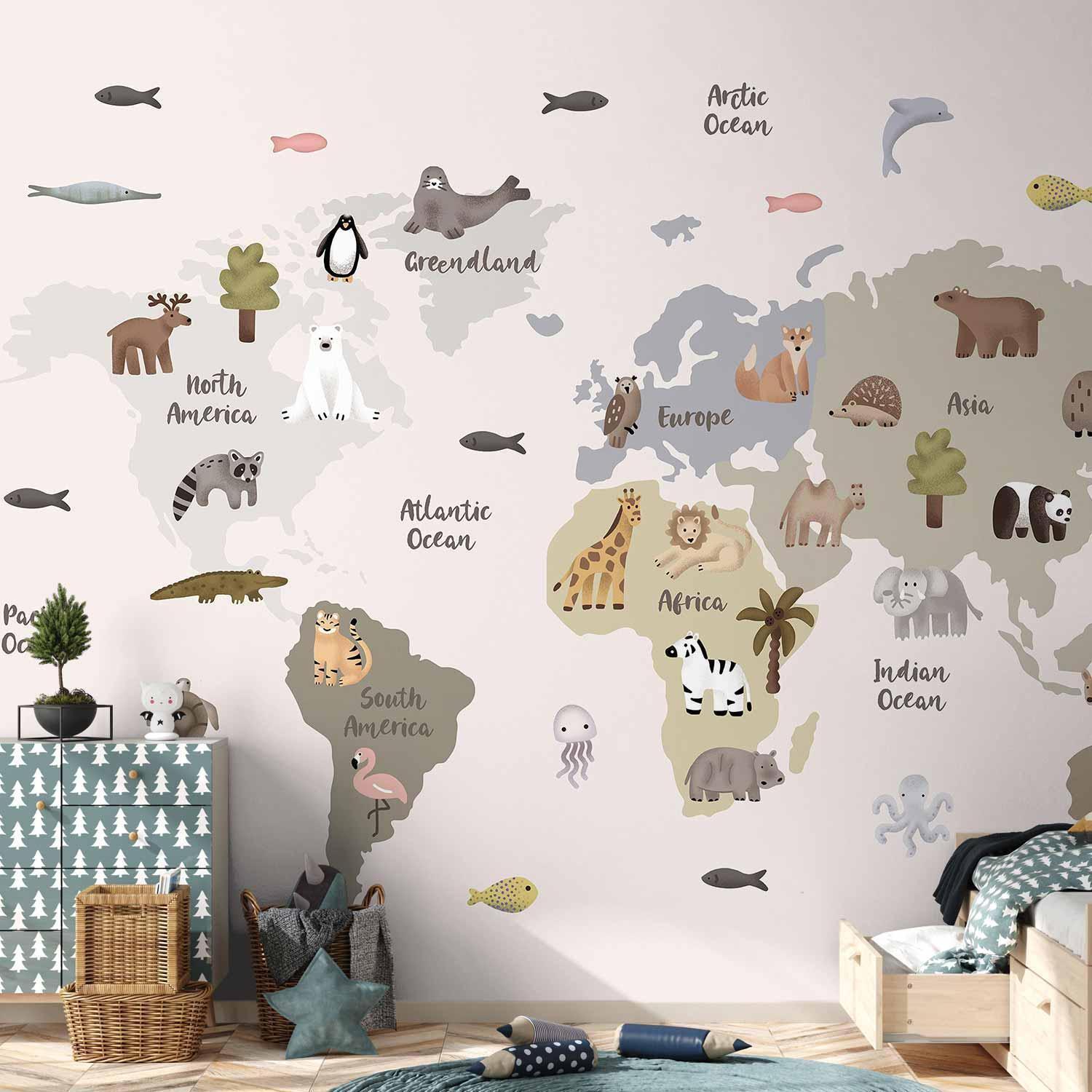 Papier peint - Pastel Map - Animals and Continents for Children's Room