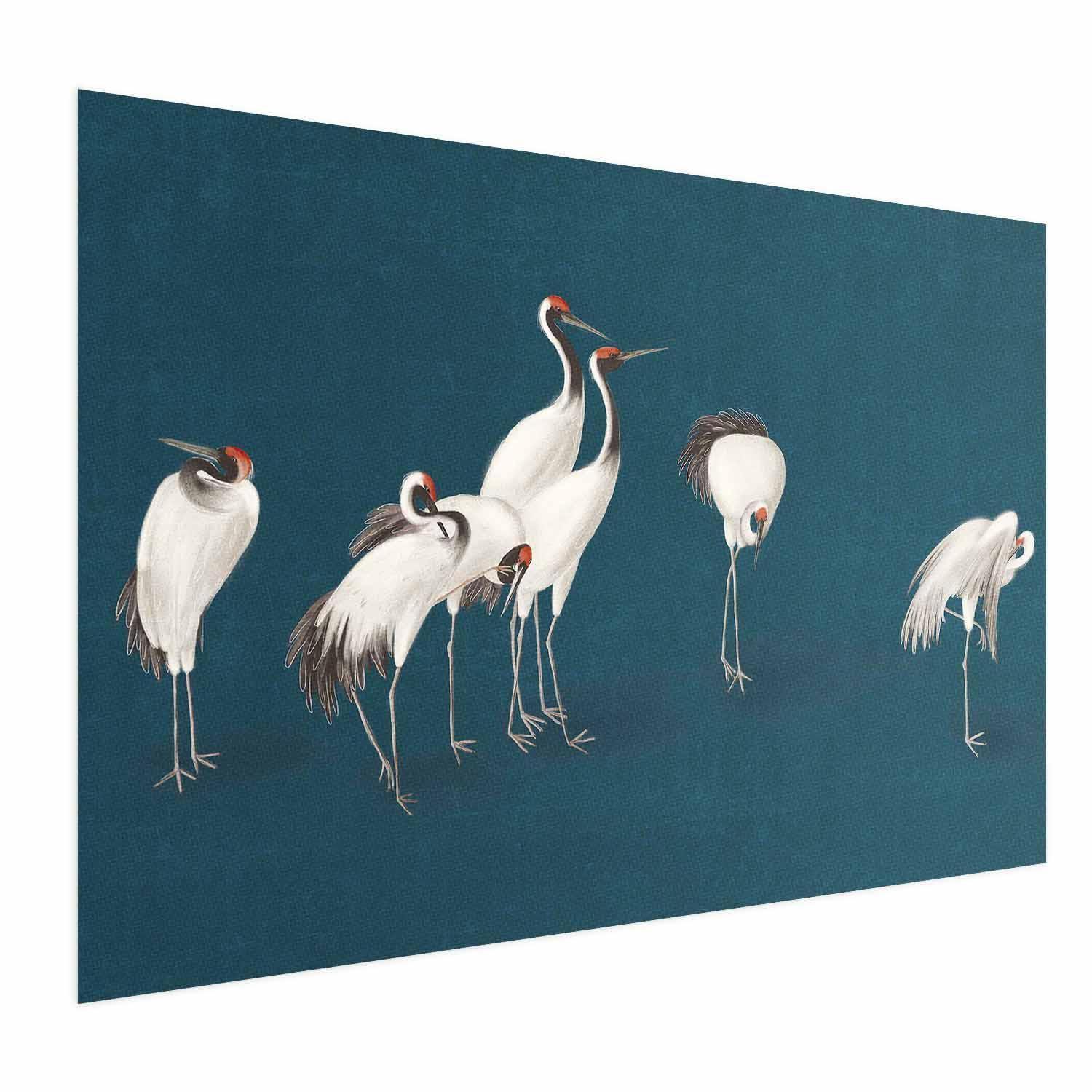 Poster - Evening at the Pond - group of cranes drawn in dry pastel on a dark turquoise background