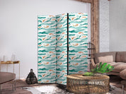 Paravent - Fish Leaping Above the Waves - Oriental Fish and Water Lilies Among High Waves in Sea Green Colors