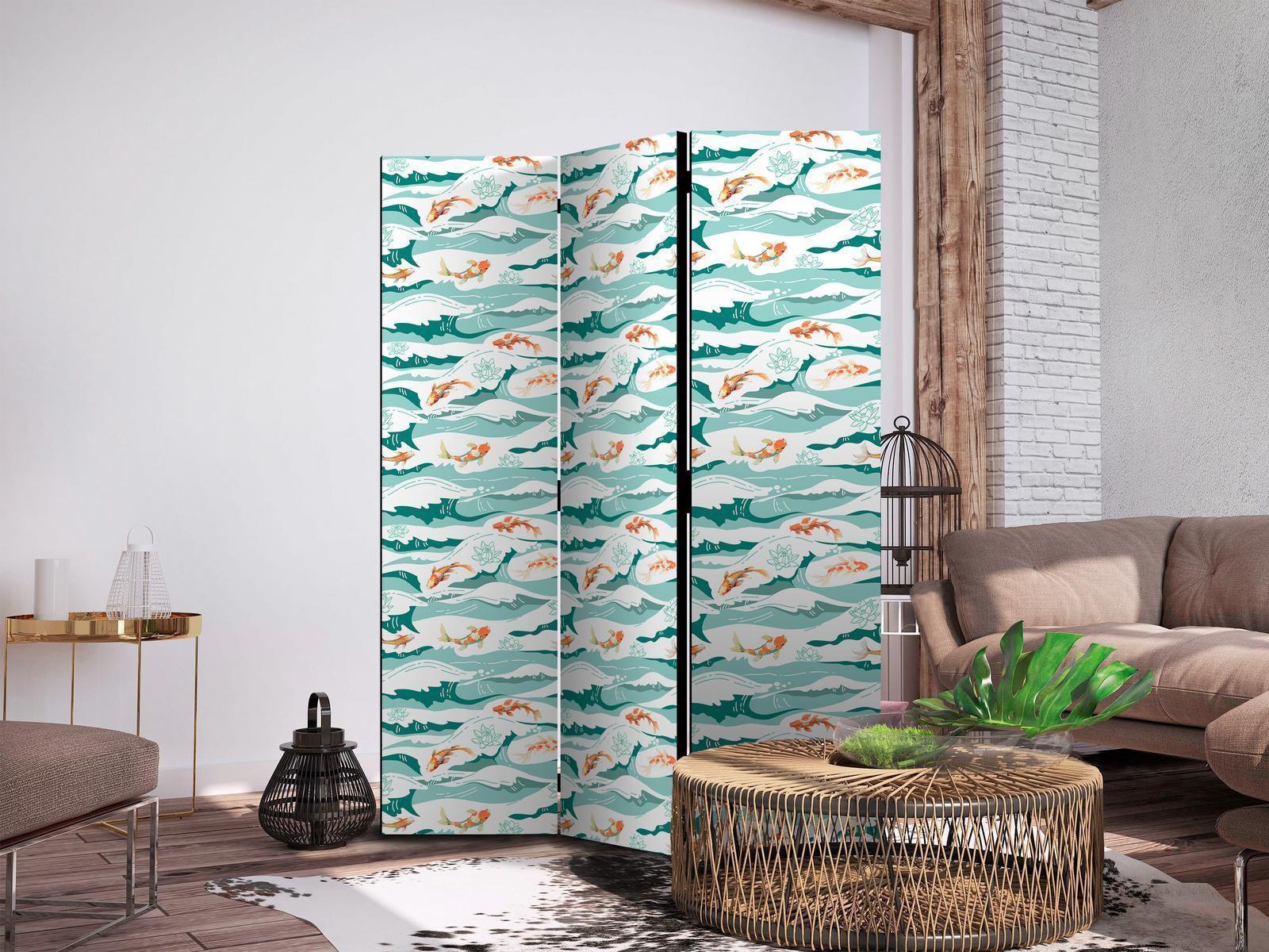 Paravent - Fish Leaping Above the Waves - Oriental Fish and Water Lilies Among High Waves in Sea Green Colors