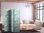 Paravent - Fish Leaping Above the Waves - Oriental Fish and Water Lilies Among High Waves in Sea Green Colors