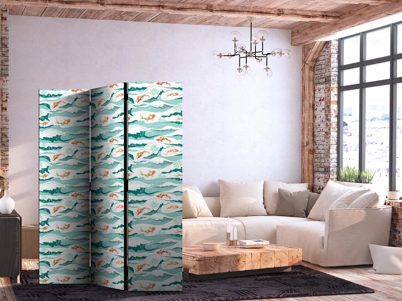 Paravent - Fish Leaping Above the Waves - Oriental Fish and Water Lilies Among High Waves in Sea Green Colors