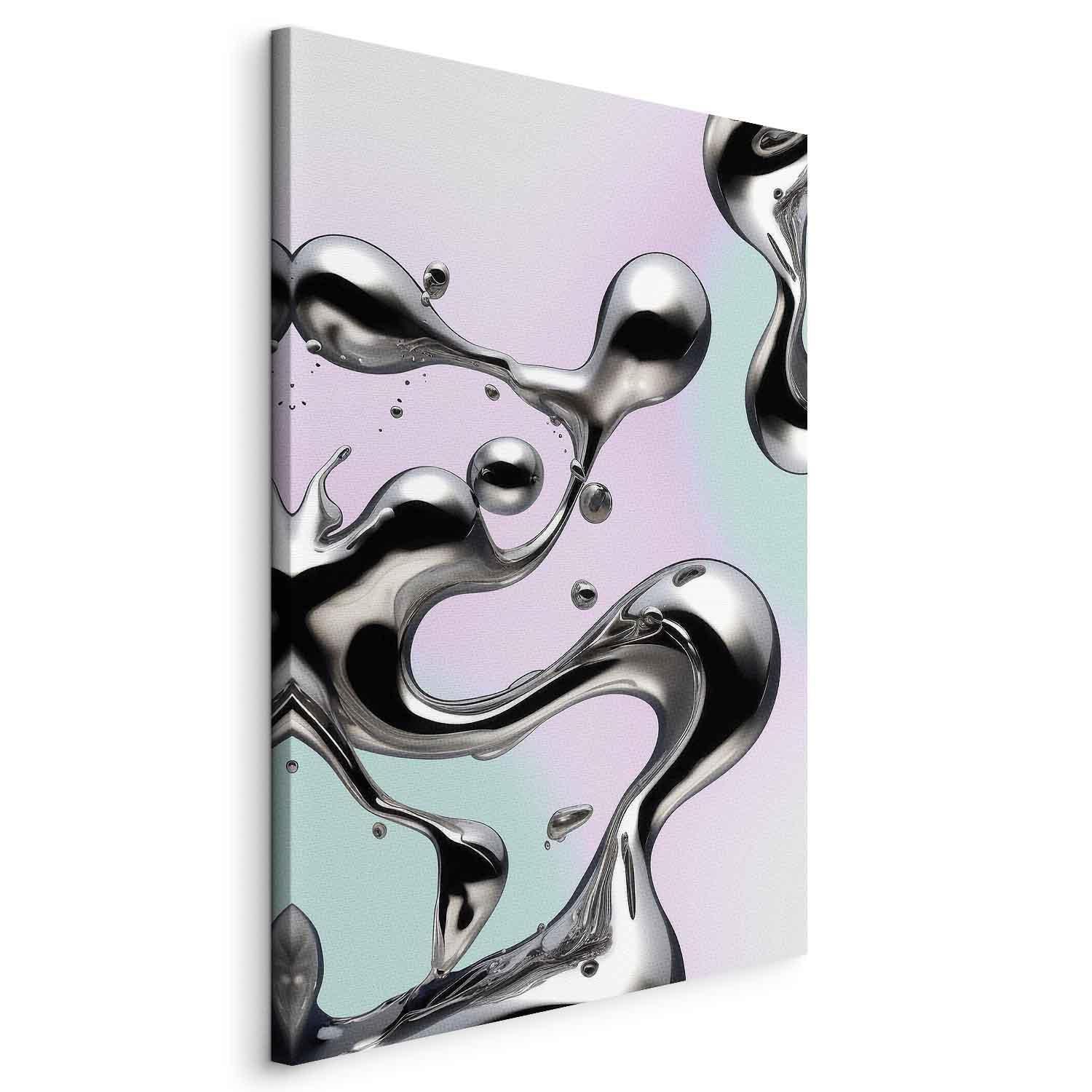 Tableau - Metallic Fluidity - Abstract Silver Forms on a Mint-Purple Background