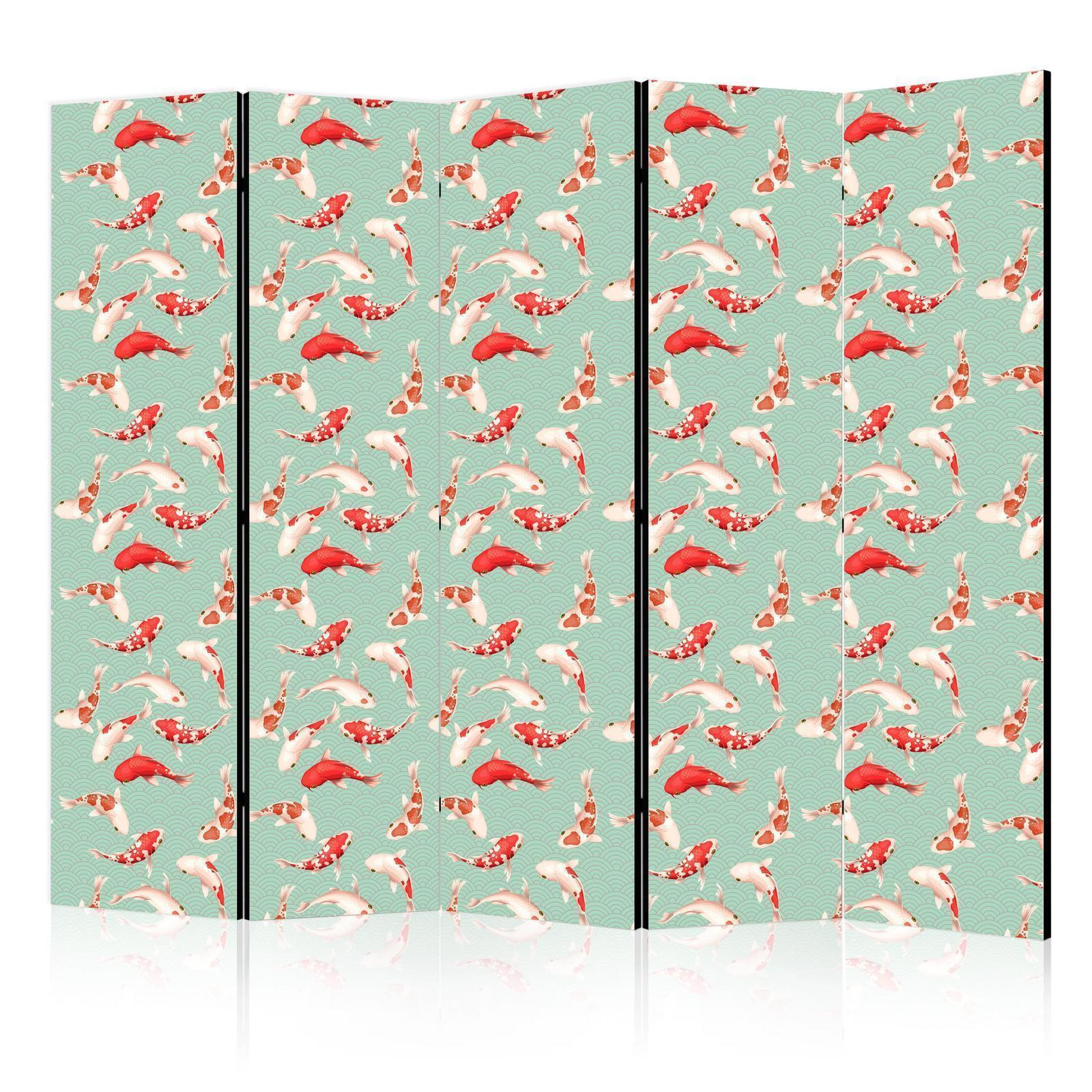 Paravent - Fish And Japanese Pattern - Koi Fish in Orange-Cream Colors on a Green-Mint Background With An Oriental Pattern