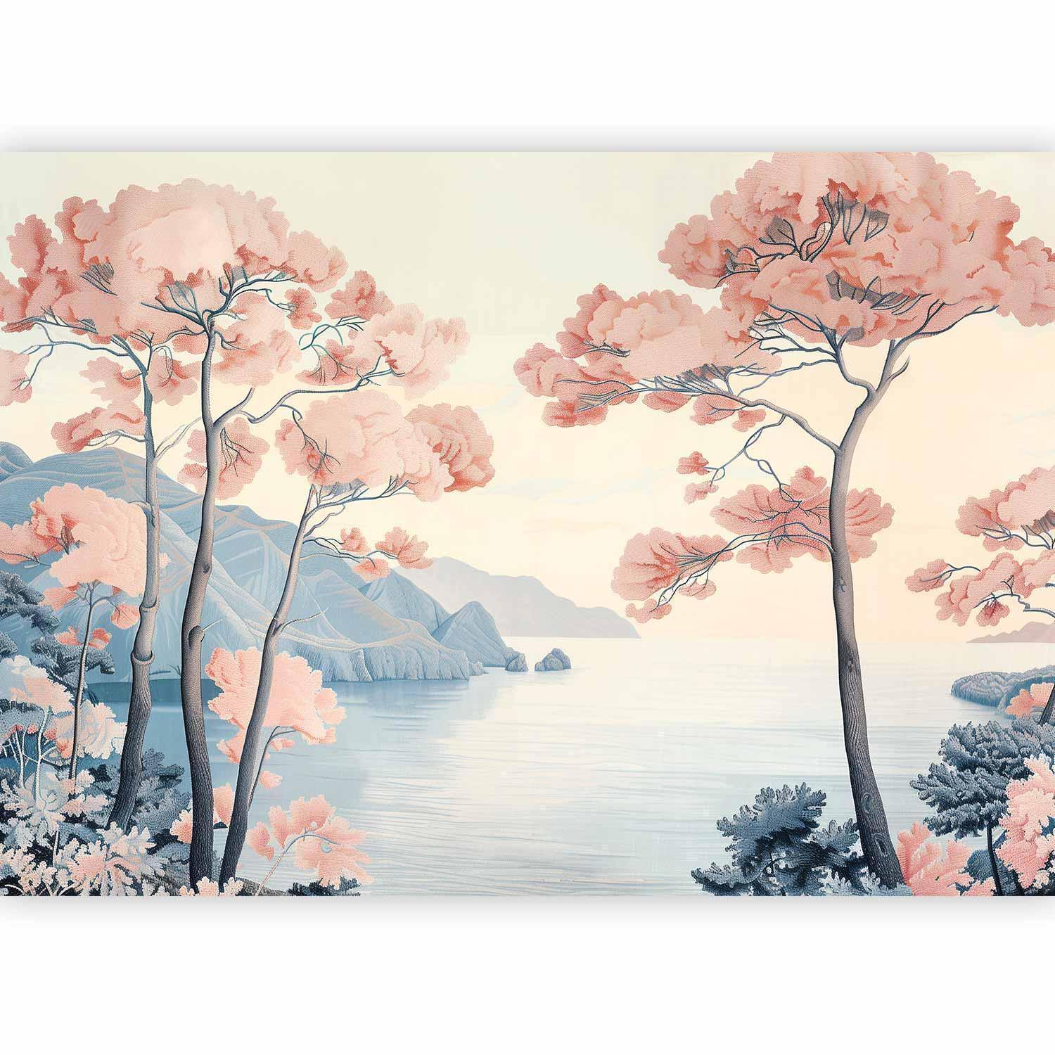 Papier peint - Landscape with the Ocean Cliffs and Trees in Delicate Pink Shades