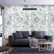 Papier peint - Autumn souvenirs - floral pattern with turquoise leaves