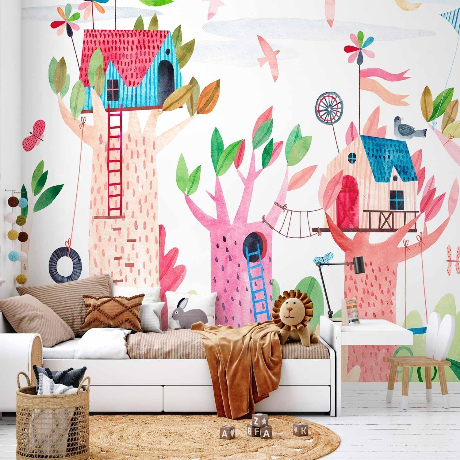 Papier peint - Painted tree houses - a colourful fantasy with kites for children