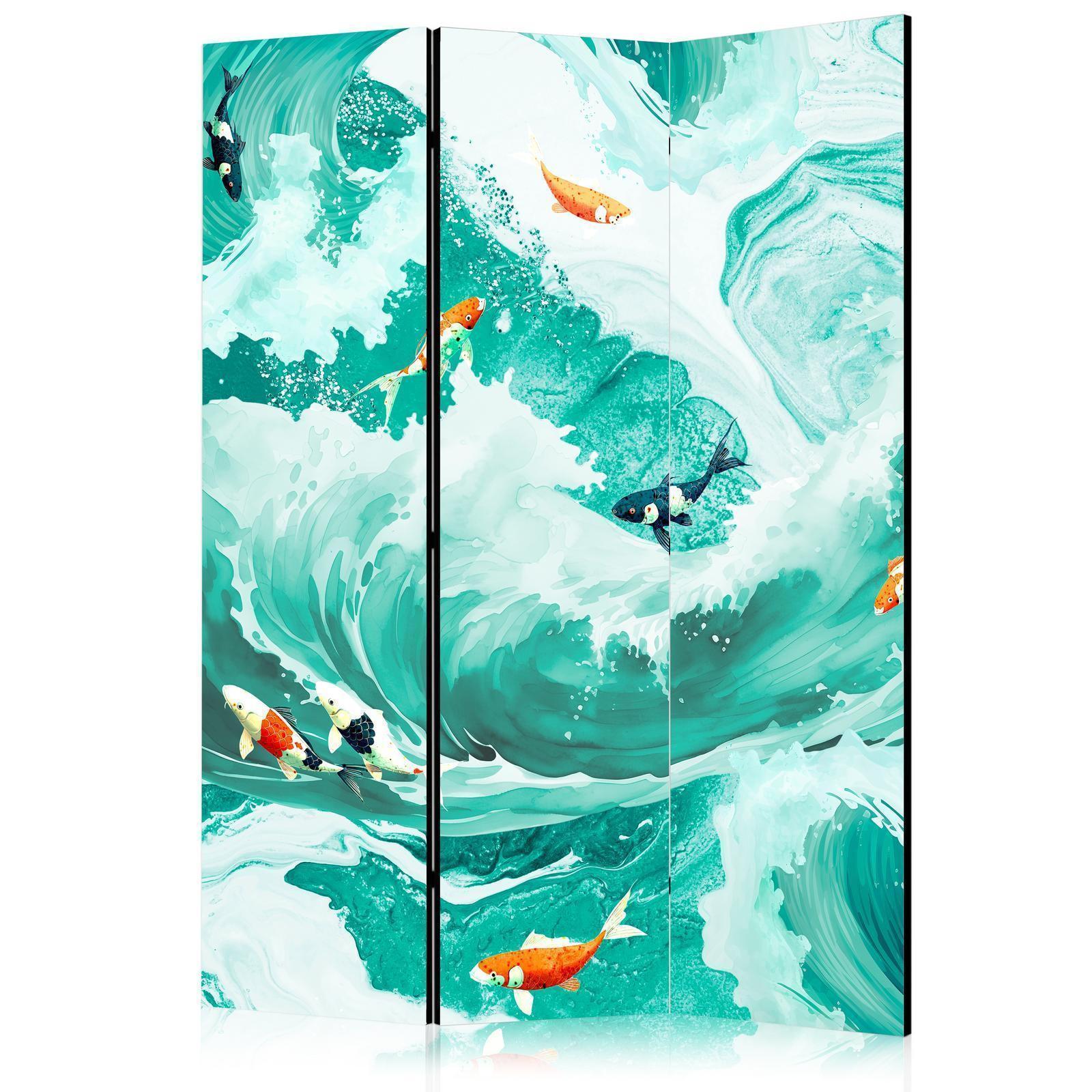 Paravent - Koi Fish Among Waves - Japanese Fish Among Waves in Shades of Turquoise And White