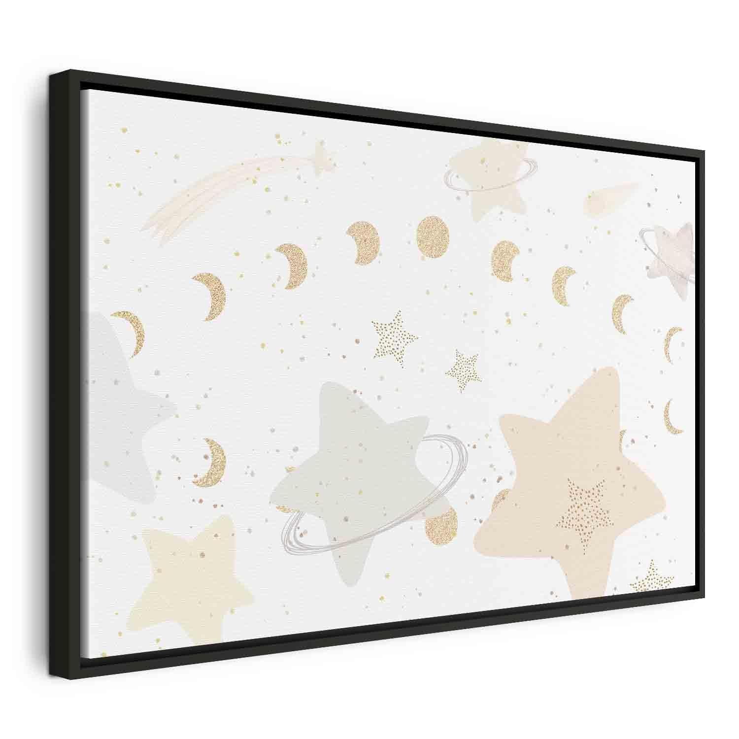 Tableau - Fairy-Tale Galaxy - Phases of the Moon in Yellow Tones Among Stars in Beige and Ash Colors with Stardust