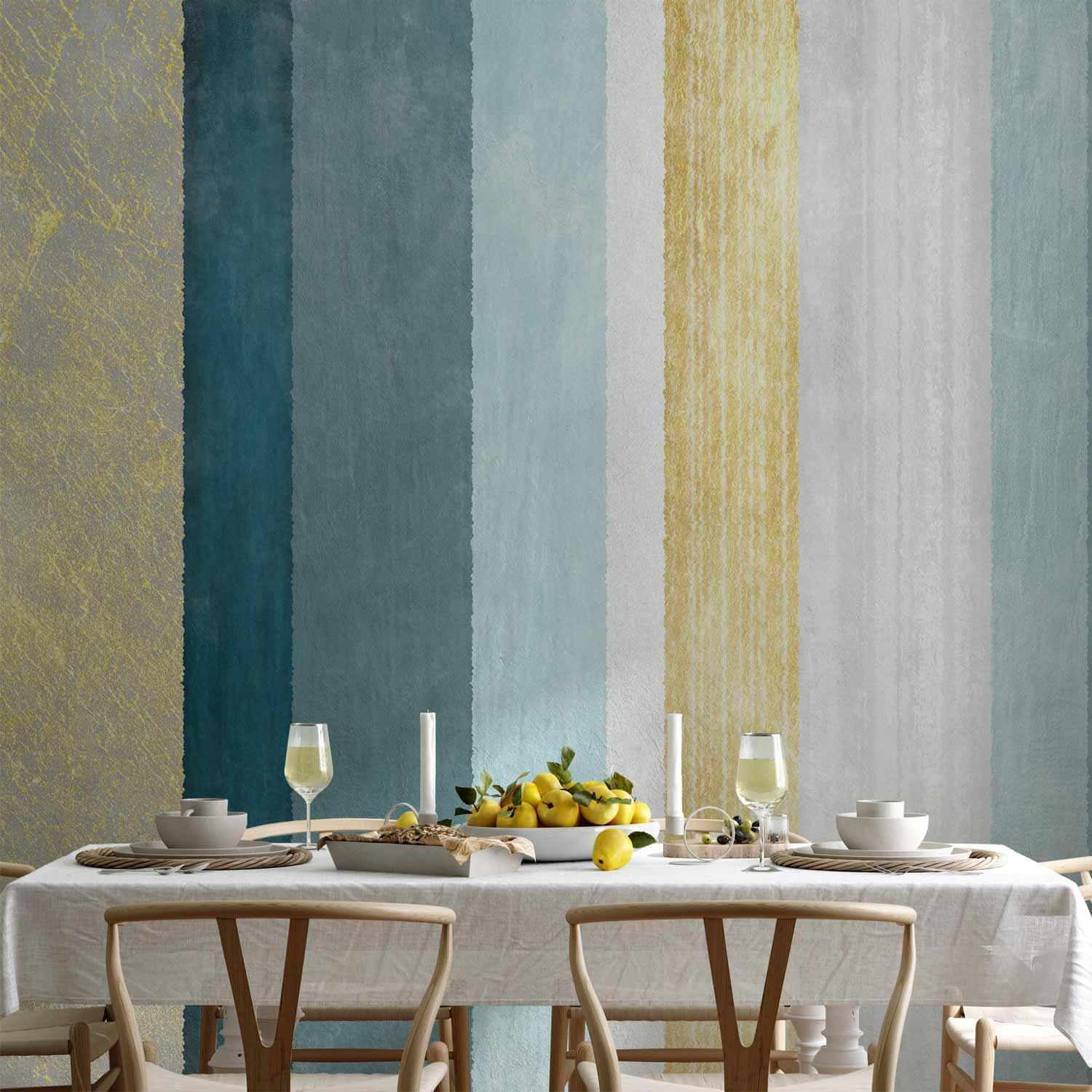 Papier peint - Striped pattern - abstract background in stripes in blue tones with gold pattern