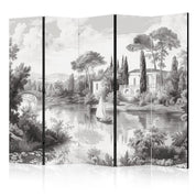 Paravent - Black and White Vintage Landscape - Retro View of a Pond with a Boat