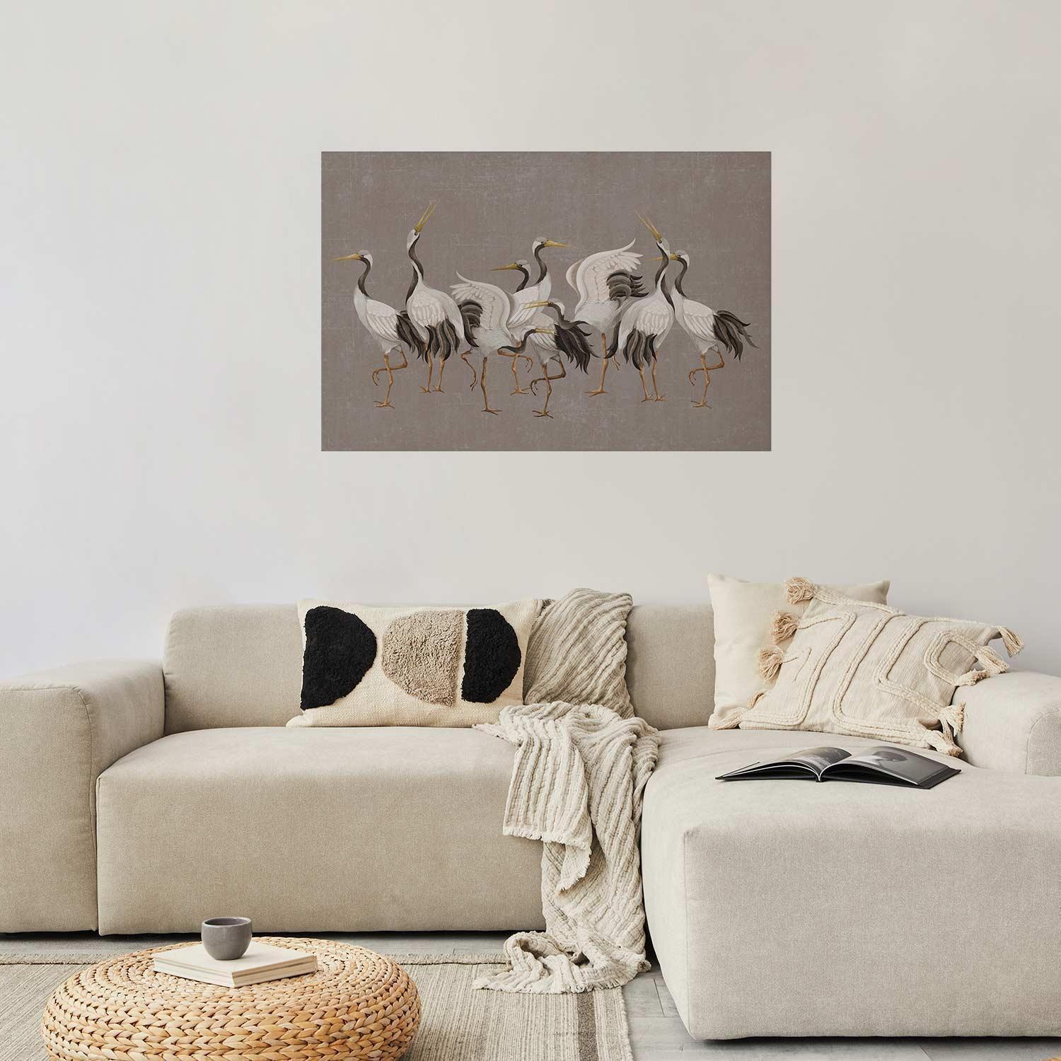 Poster - Crane Dance - light bird silhouettes on a warm-gray textured background