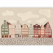 Papier peint - Salt Square - Colorful Illustrated Townhouses Against a Cloudy Sky Background