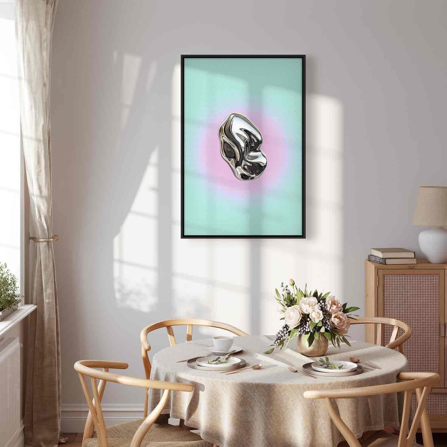 Tableau - Metallic Form - Abstract Sculpture on a Mint Background with a Purple Halo