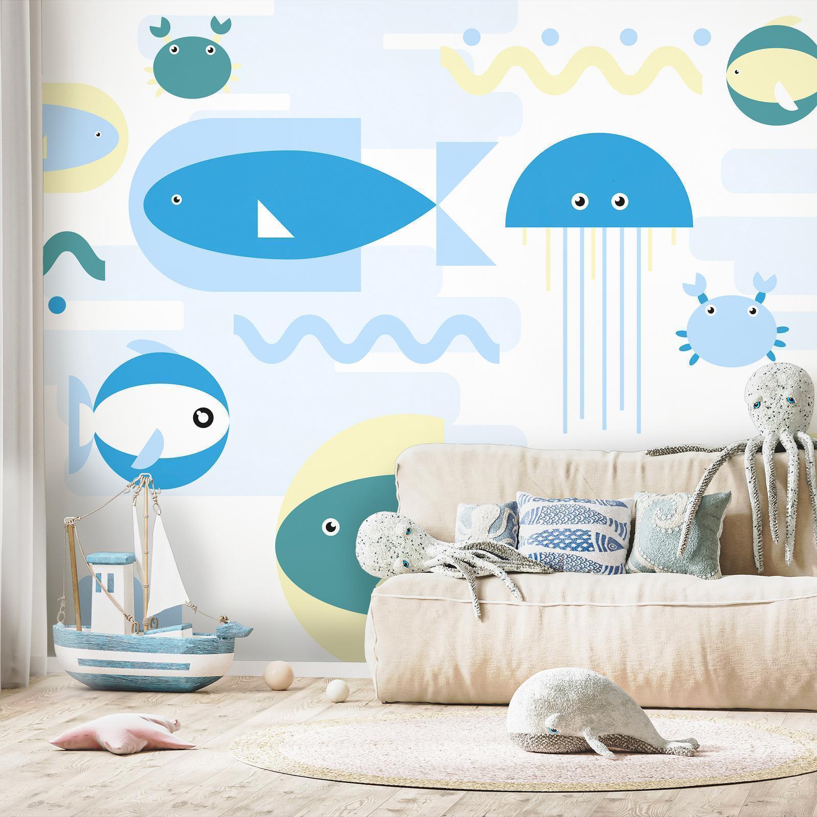 Papier peint - Animals in the sea - geometric blue fish in water for kids