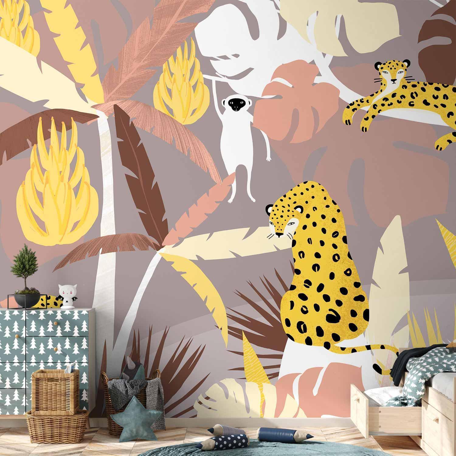 Papier peint - Cheetahs in the jungle - landscape with exotic animals with palm trees for children