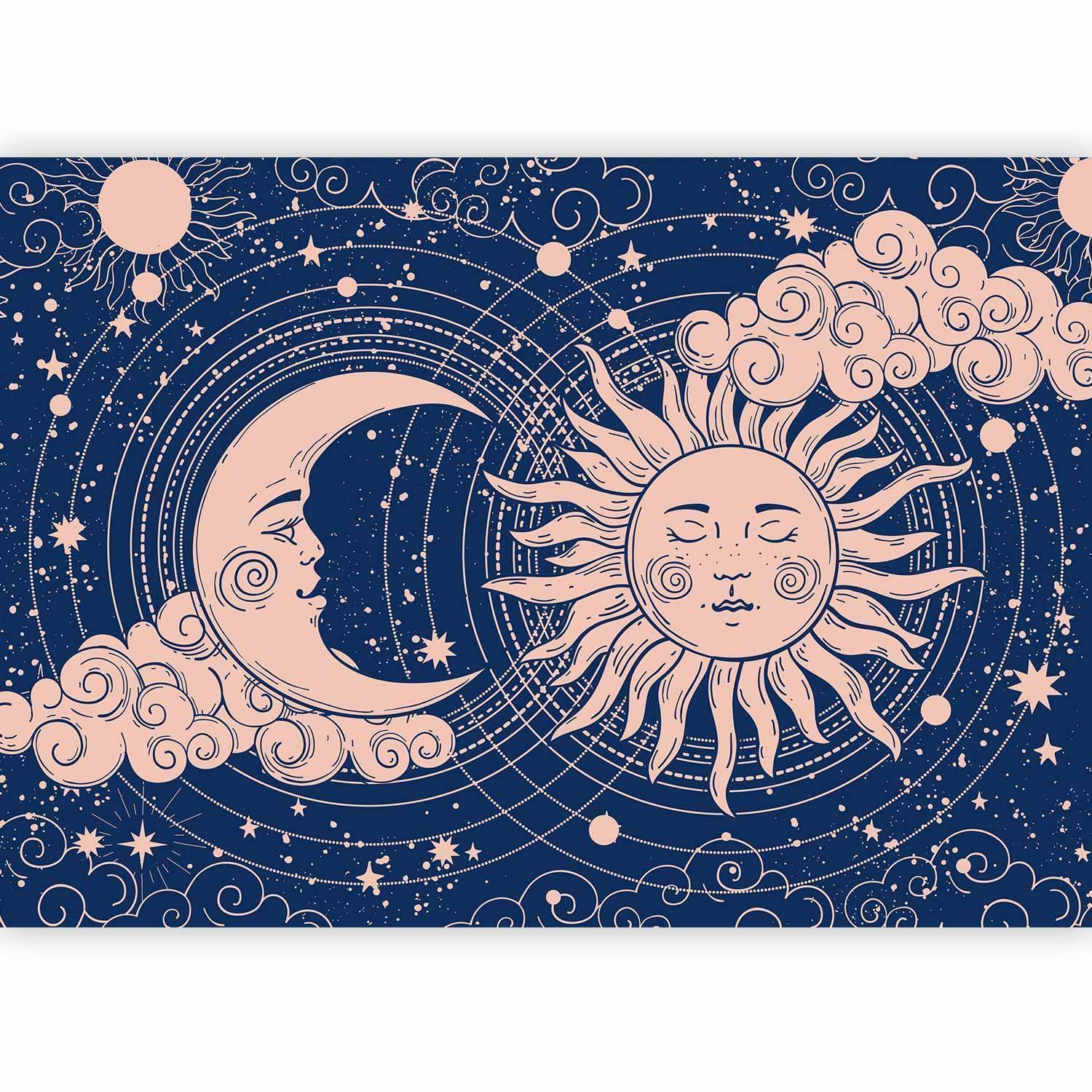 Papier peint - Cosmic Harmony - Illustration of the Sun and Moon on a Navy Background