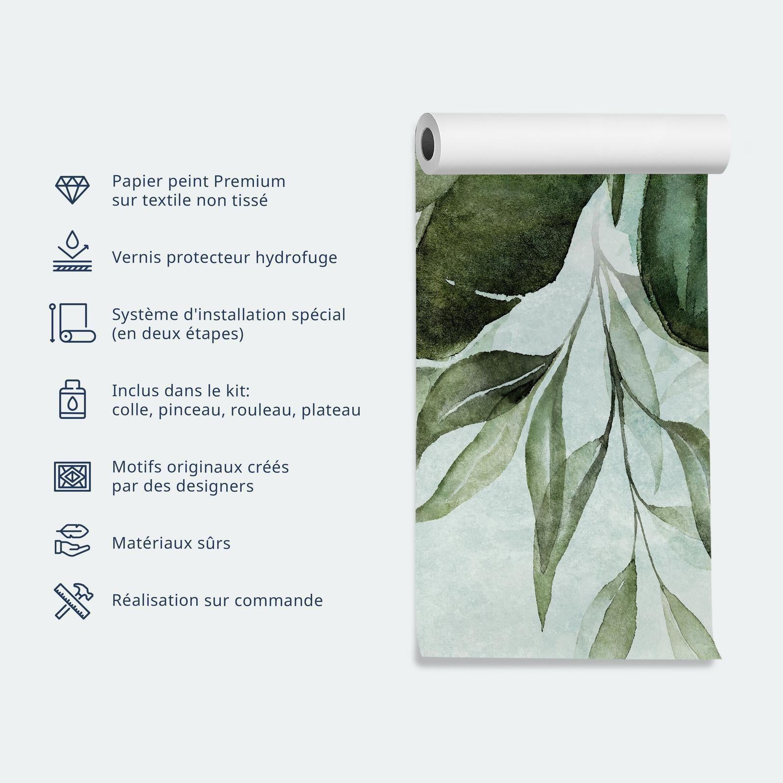 Papier peint - Exotic jungle - plant motif with reflected leaves on a green background