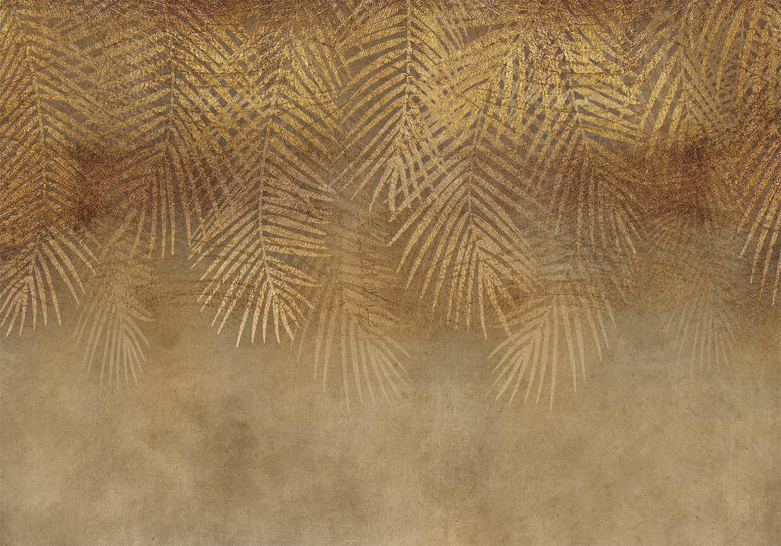 Papier peint - Abstract nature in beige - composition with golden exotic leaves