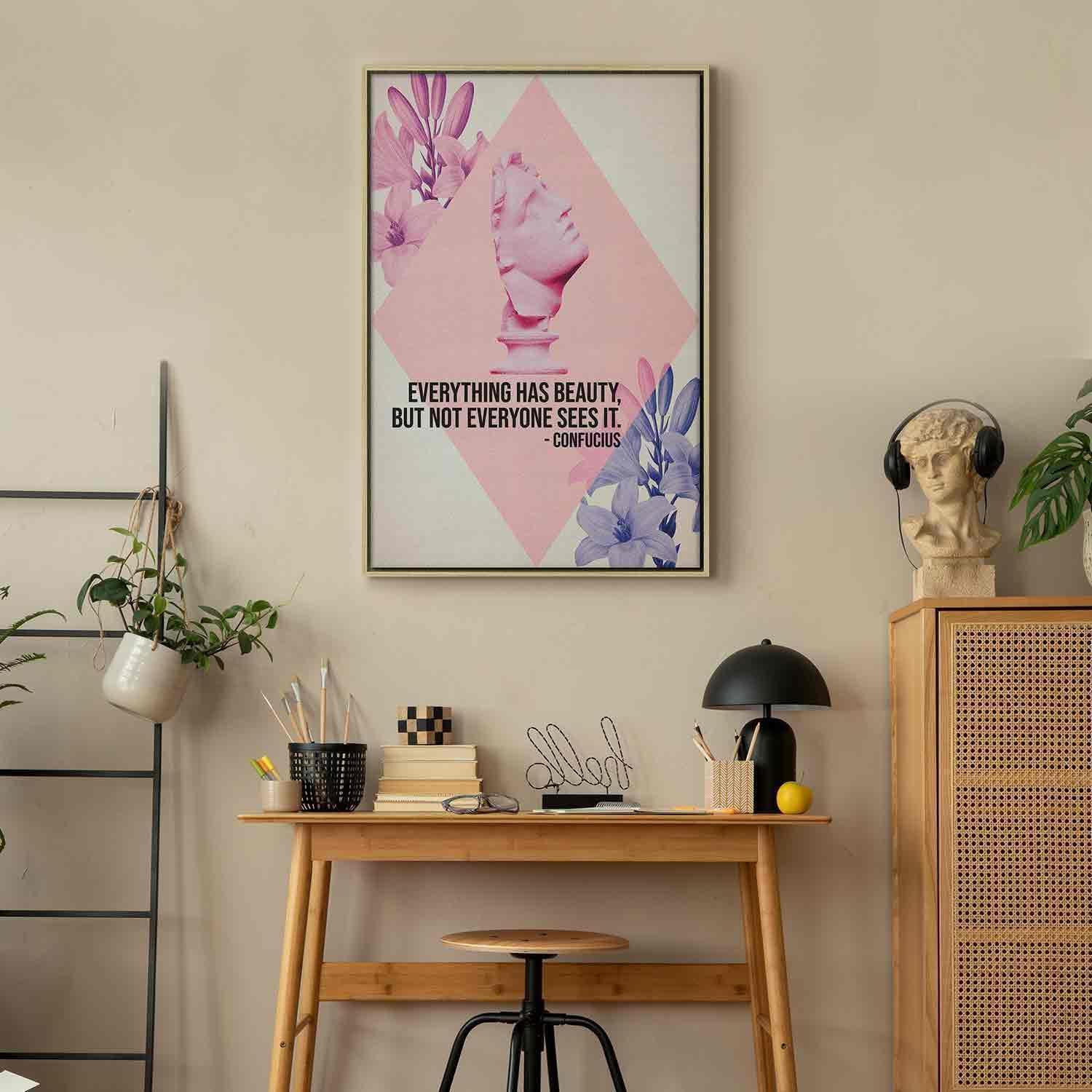 Tableau - Beauty in the Eyes - Inspirational Quote with Pink Bust and Flowers