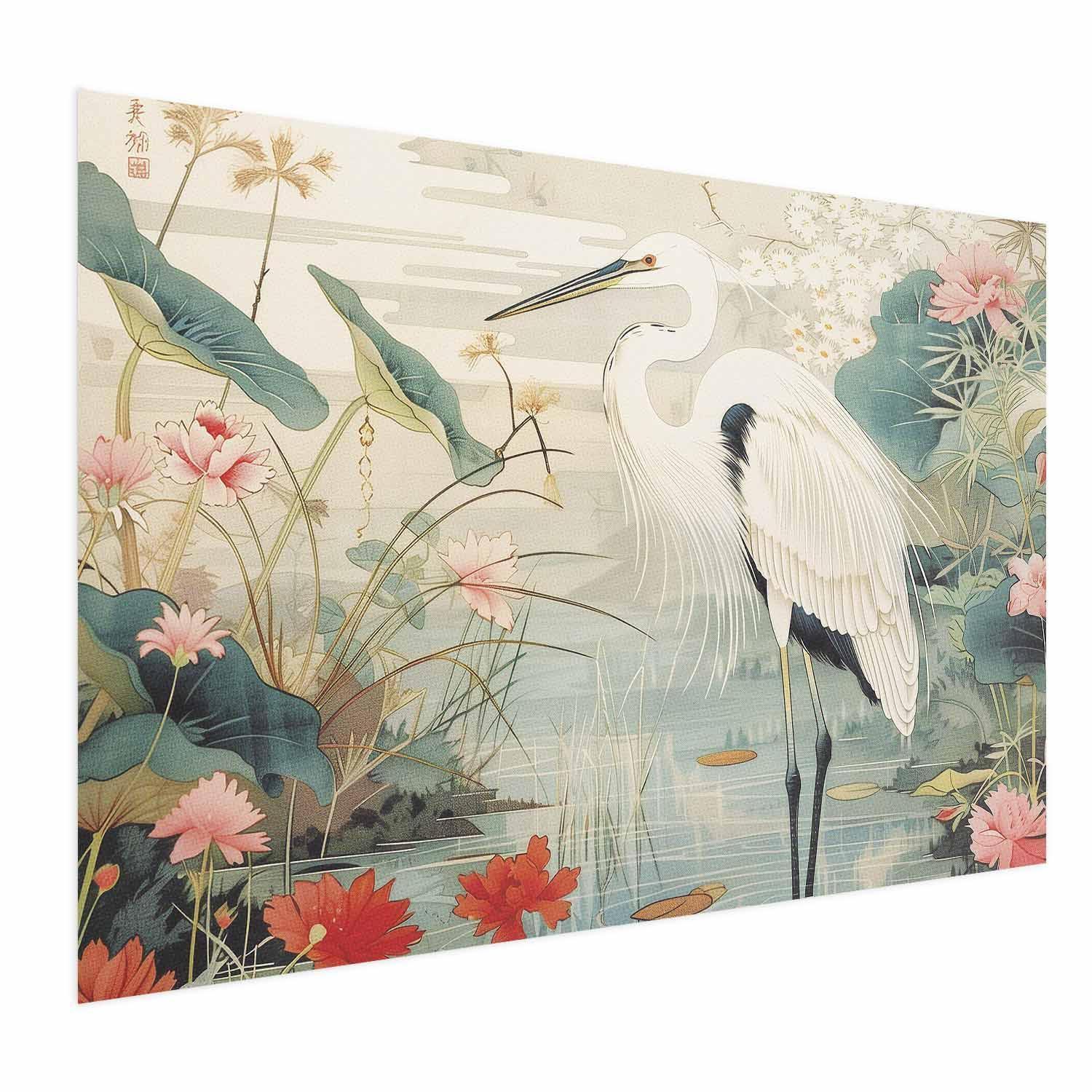 Poster - Over the Asian Pond - illustration in the Japanese print style featuring a heron